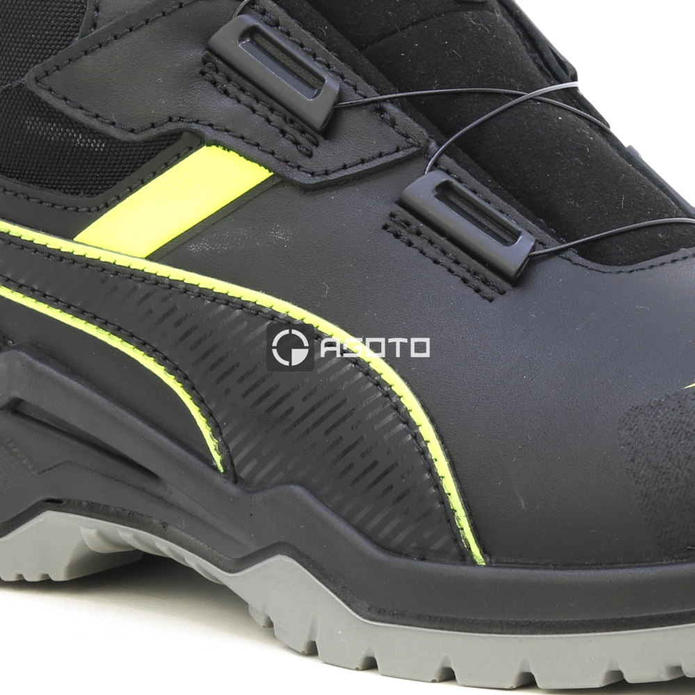 szczegóły PUMA Krypton DISC MID S3 ESD czarne męskie skórzane obuwie robocze z szybkim zap