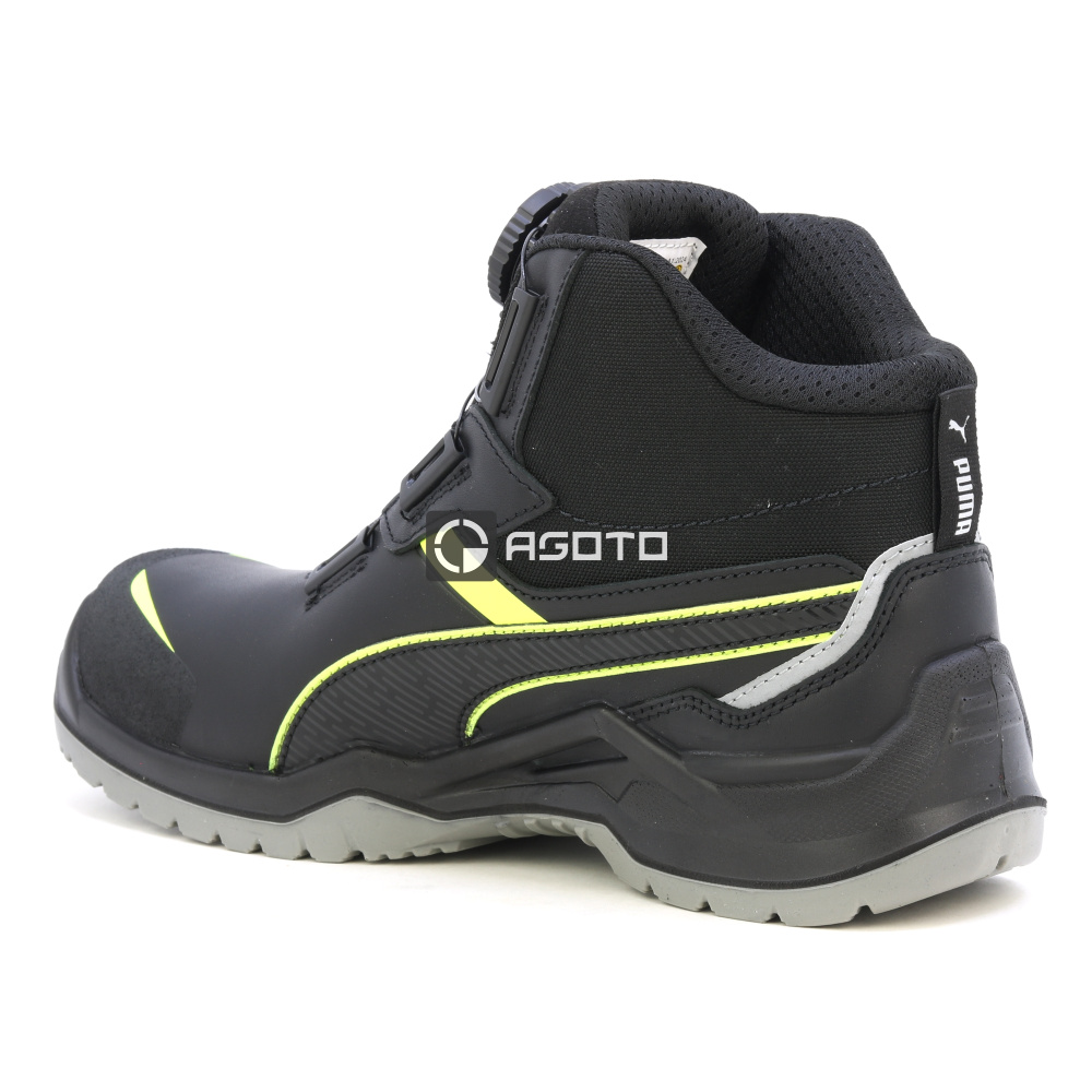 szczegóły PUMA Krypton DISC MID S3 ESD czarne męskie skórzane obuwie robocze z szybkim zap