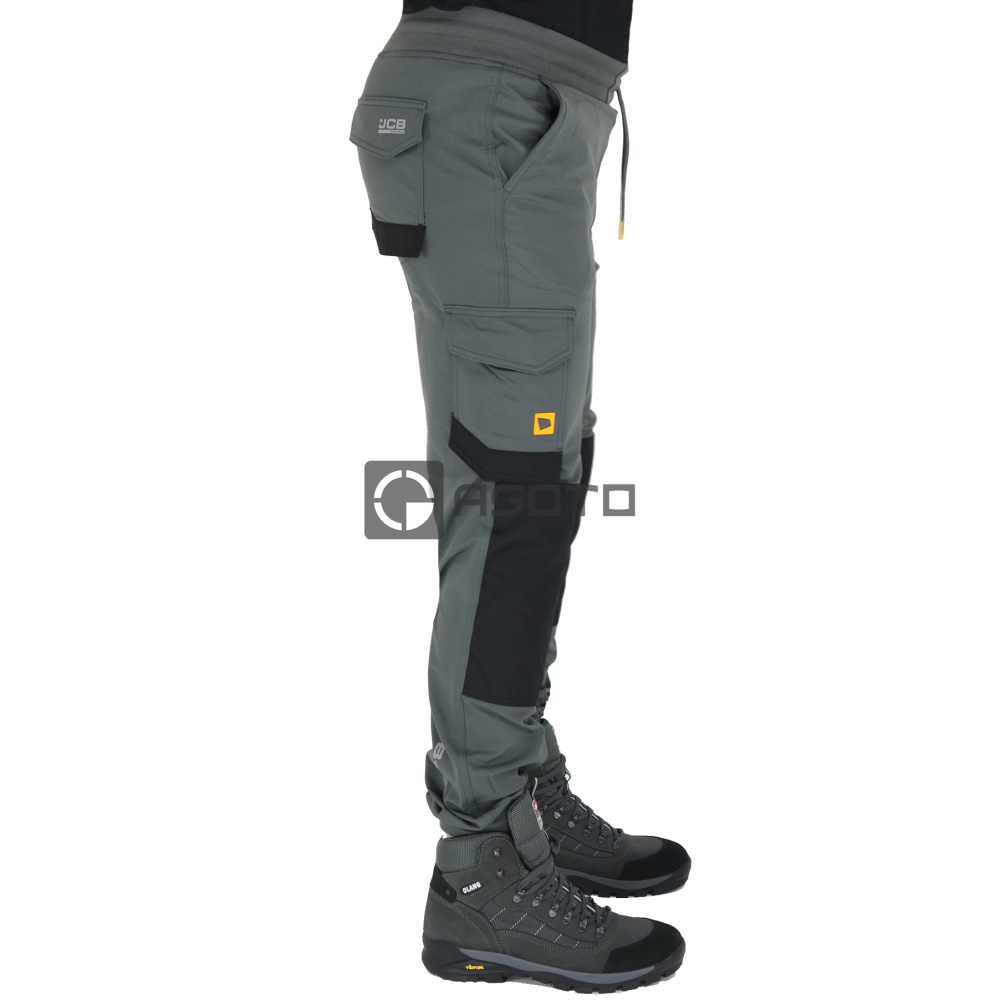 szczegóły JCB Jogger 4 Way Stretch szare męskie spodnie robocze z elastycznego materiału