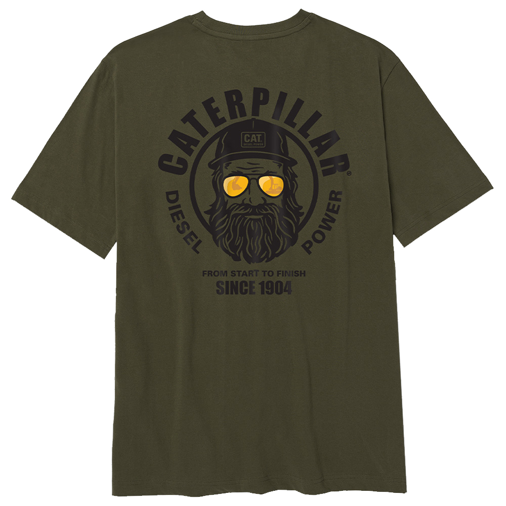 szczegóły CATERPILLAR Graphic Men zielona męska koszulka, wygodna, atrakcyjny nadruk CAT