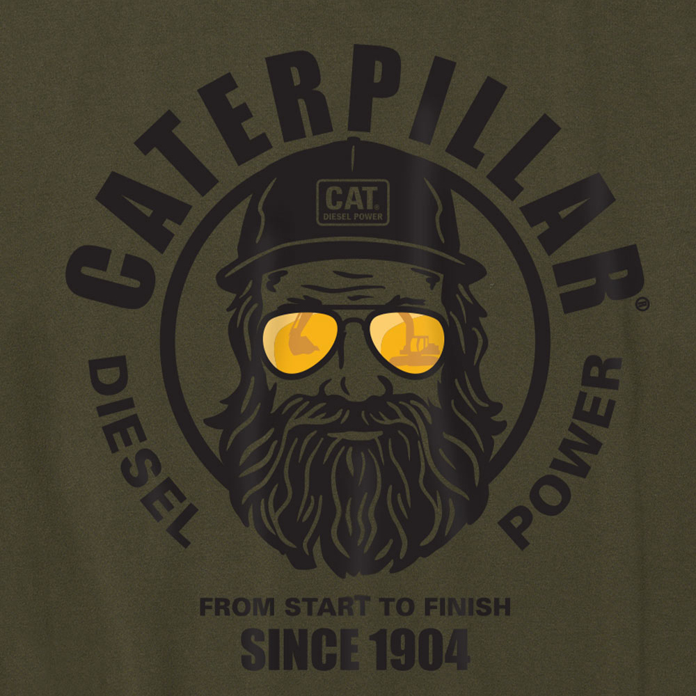szczegóły CATERPILLAR Graphic Men zielona męska koszulka, wygodna, atrakcyjny nadruk CAT