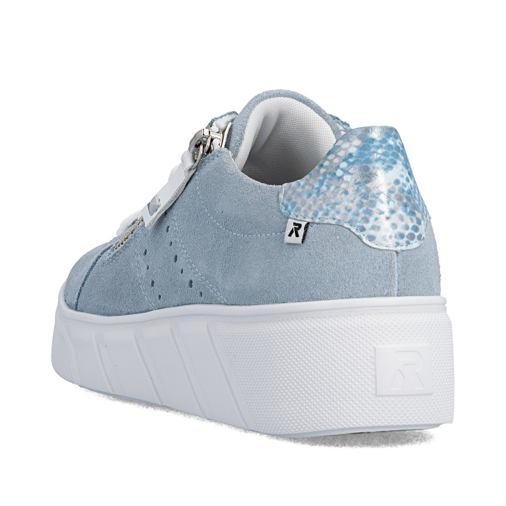 szczegóły RIEKER W2605-12 niebieskie damskie nowoczesne skórzane sneakersy do miasta
