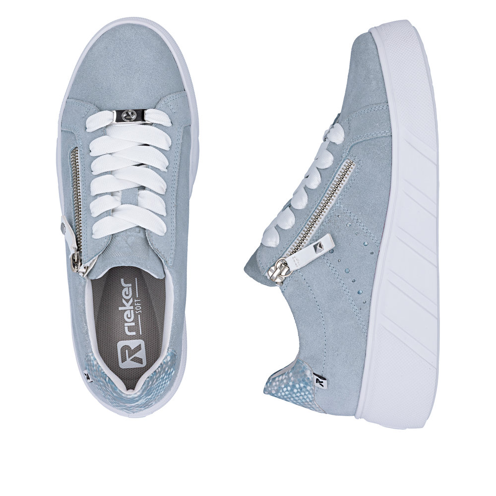 szczegóły RIEKER W2605-12 niebieskie damskie nowoczesne skórzane sneakersy do miasta