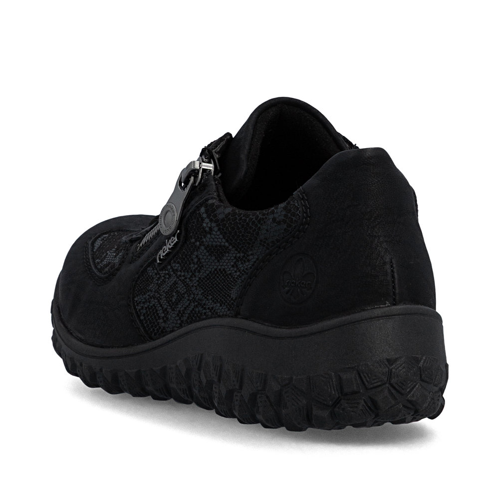 szczegóły RIEKER 59501-00 czarne damskie nowoczesne i wygodne półbuty ze wzorem