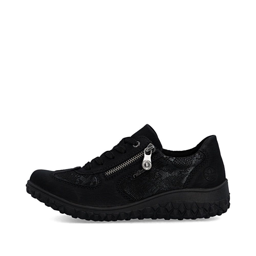 szczegóły RIEKER 59501-00 czarne damskie nowoczesne i wygodne półbuty ze wzorem