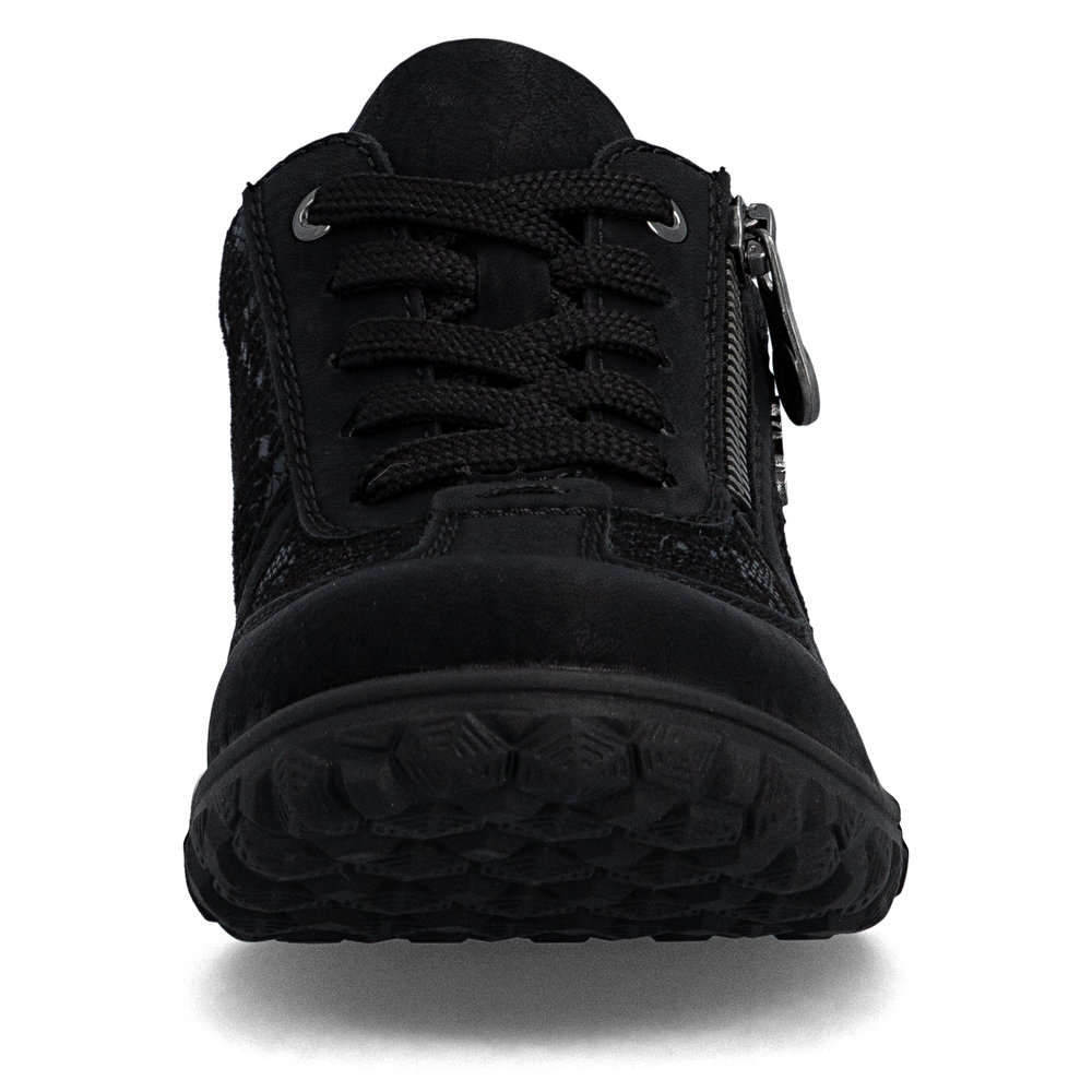 szczegóły RIEKER 59501-00 czarne damskie nowoczesne i wygodne półbuty ze wzorem