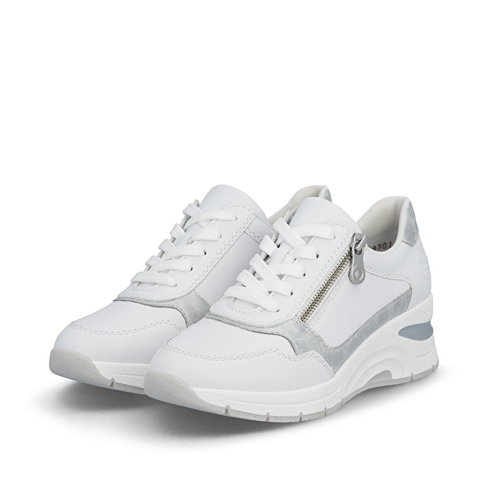 szczegóły RIEKER N9301-80 białe damskie skórzane sneakersy z technologią Antistress