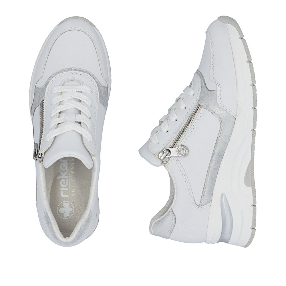 szczegóły RIEKER N9301-80 białe damskie skórzane sneakersy z technologią Antistress