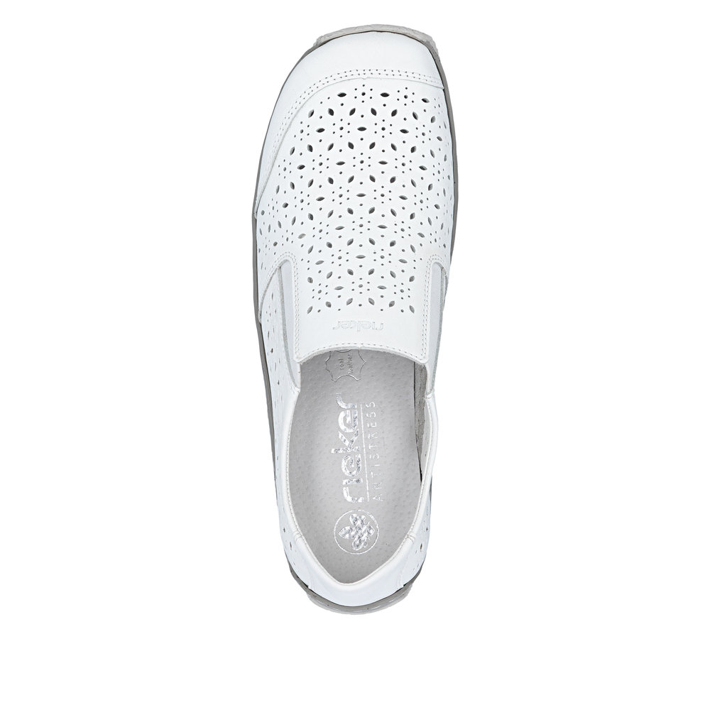 szczegóły RIEKER L1756-80 białe damskie półbuty, skóra naturalna, podeszwa Antistress