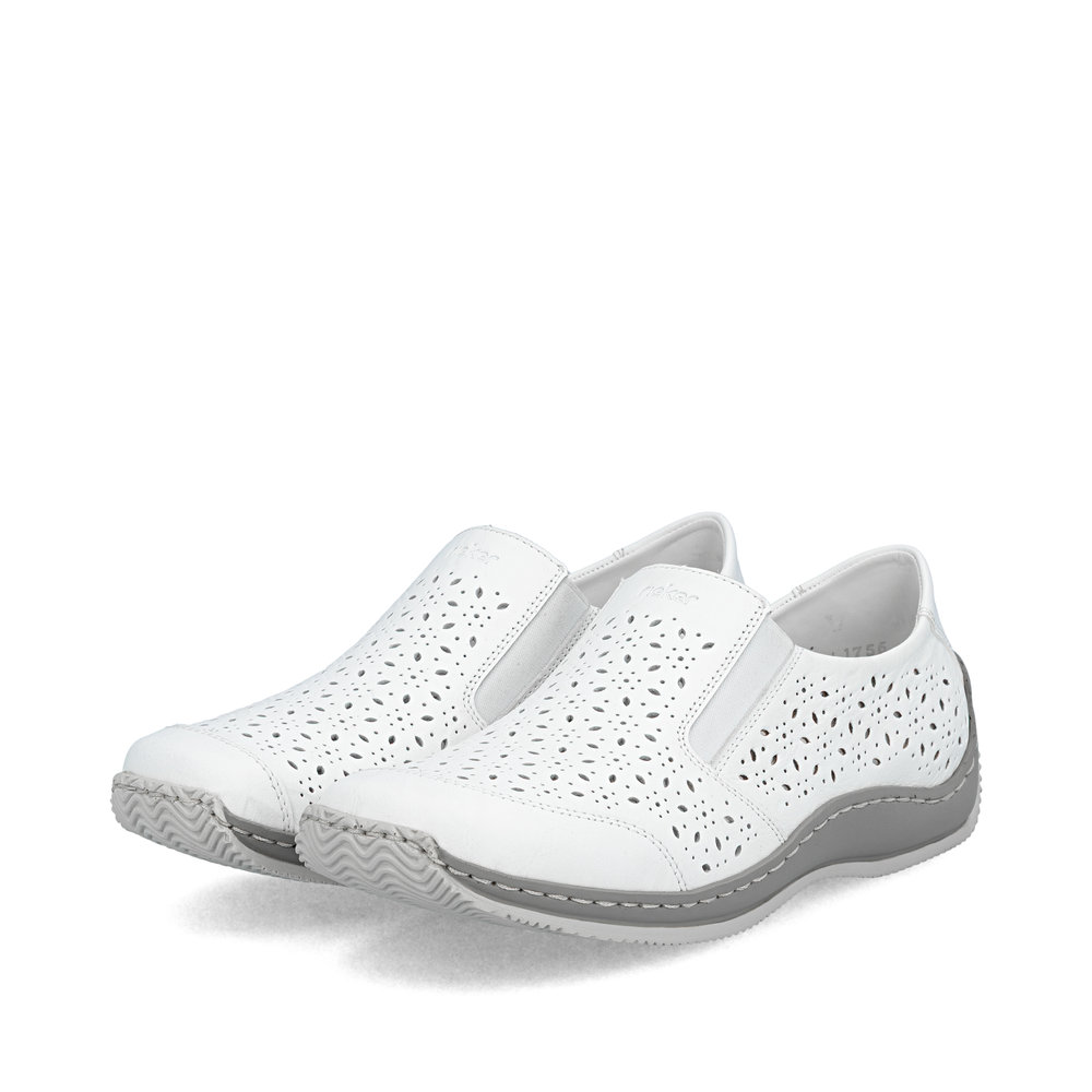 szczegóły RIEKER L1756-80 białe damskie półbuty, skóra naturalna, podeszwa Antistress