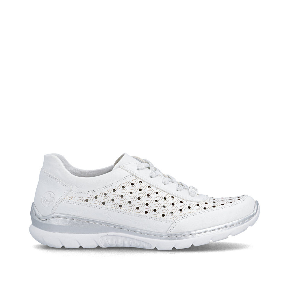 szczegóły RIEKER L3217-80 białe damskie skórzane sneakersy, przewiewne, podeszwa Antistres