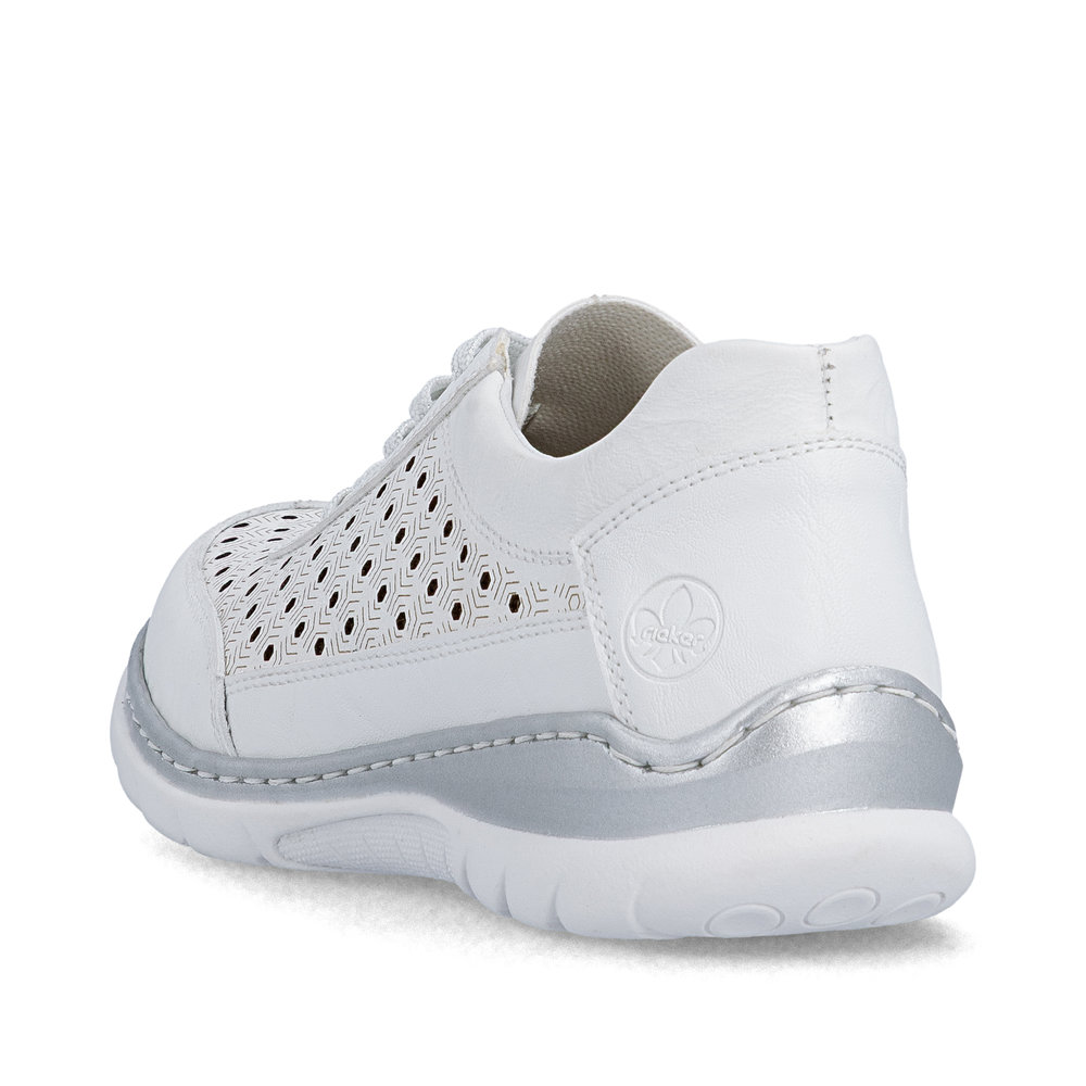 szczegóły RIEKER L3217-80 białe damskie skórzane sneakersy, przewiewne, podeszwa Antistres