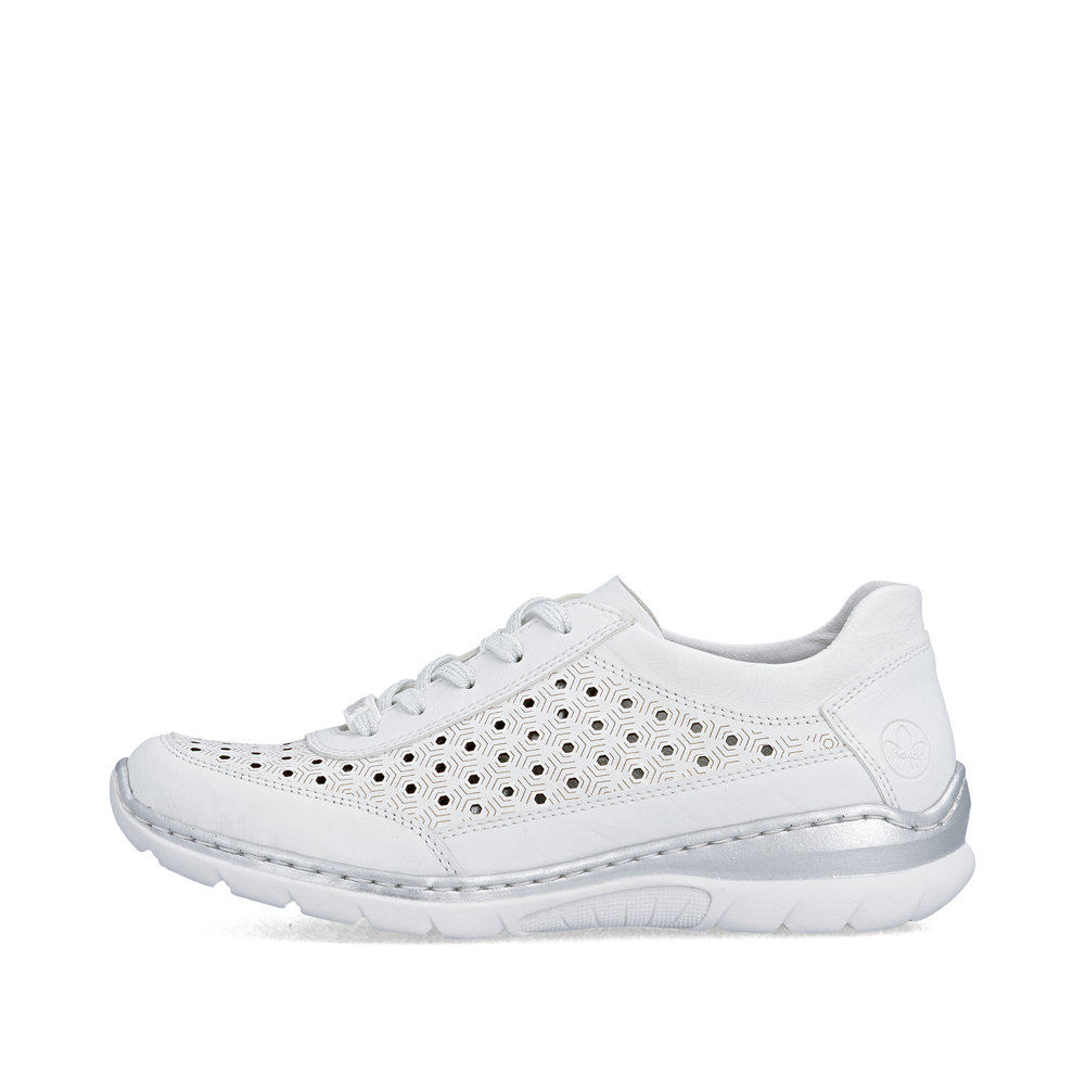 szczegóły RIEKER L3217-80 białe damskie skórzane sneakersy, przewiewne, podeszwa Antistres
