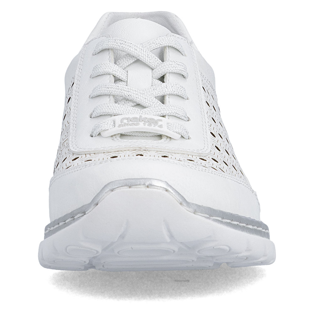szczegóły RIEKER L3217-80 białe damskie skórzane sneakersy, przewiewne, podeszwa Antistres