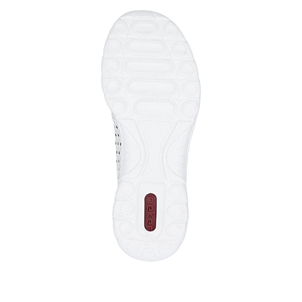 szczegóły RIEKER L3217-80 białe damskie skórzane sneakersy, przewiewne, podeszwa Antistres