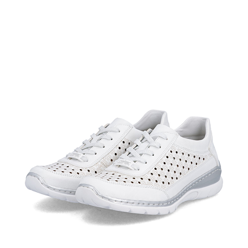 szczegóły RIEKER L3217-80 białe damskie skórzane sneakersy, przewiewne, podeszwa Antistres