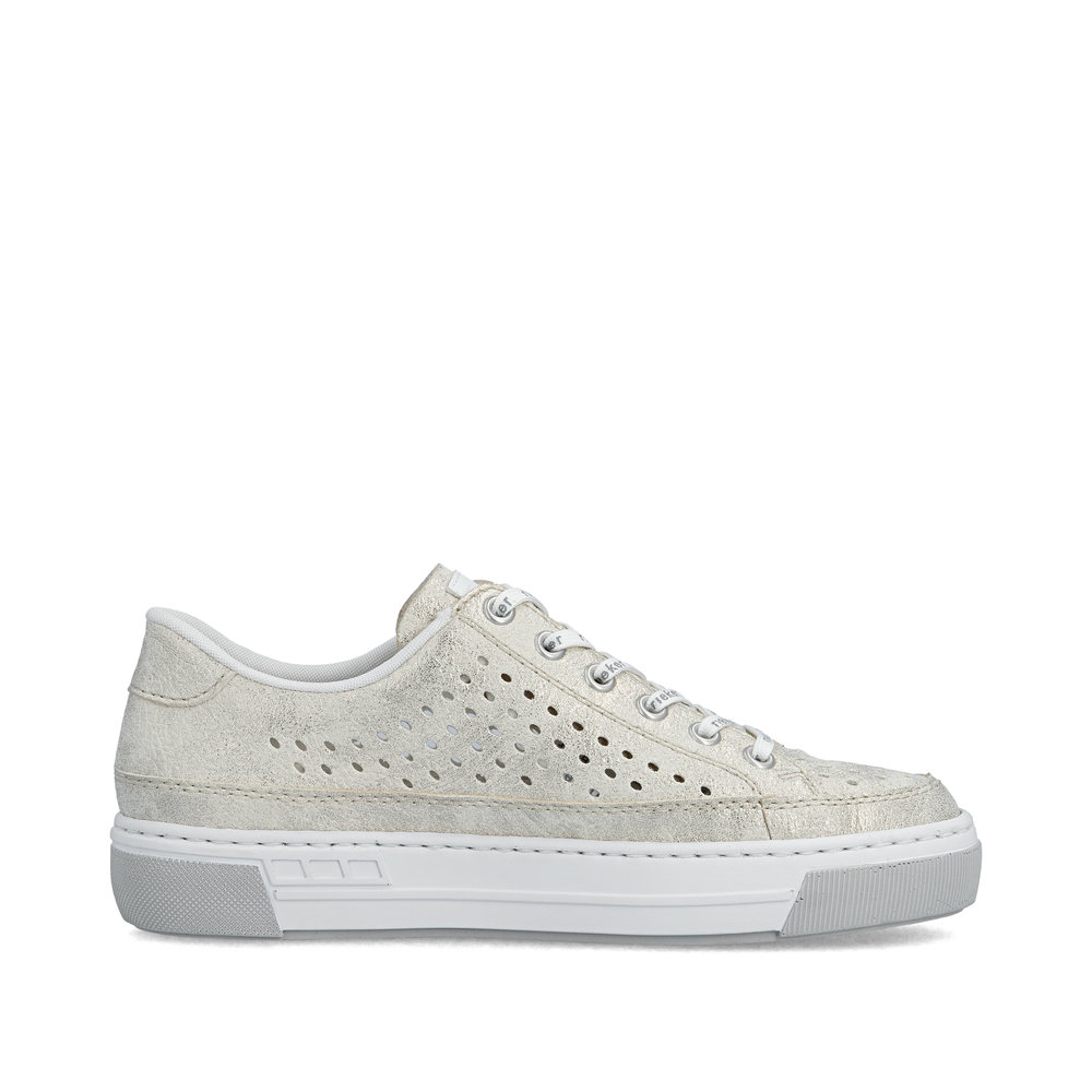 szczegóły RIEKER L8849-60 beżowe damskie letnie skórzane sneakersy, oddychające, nowoczesn