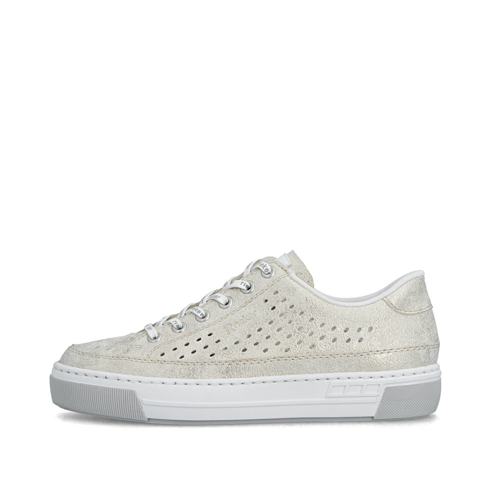 szczegóły RIEKER L8849-60 beżowe damskie letnie skórzane sneakersy, oddychające, nowoczesn