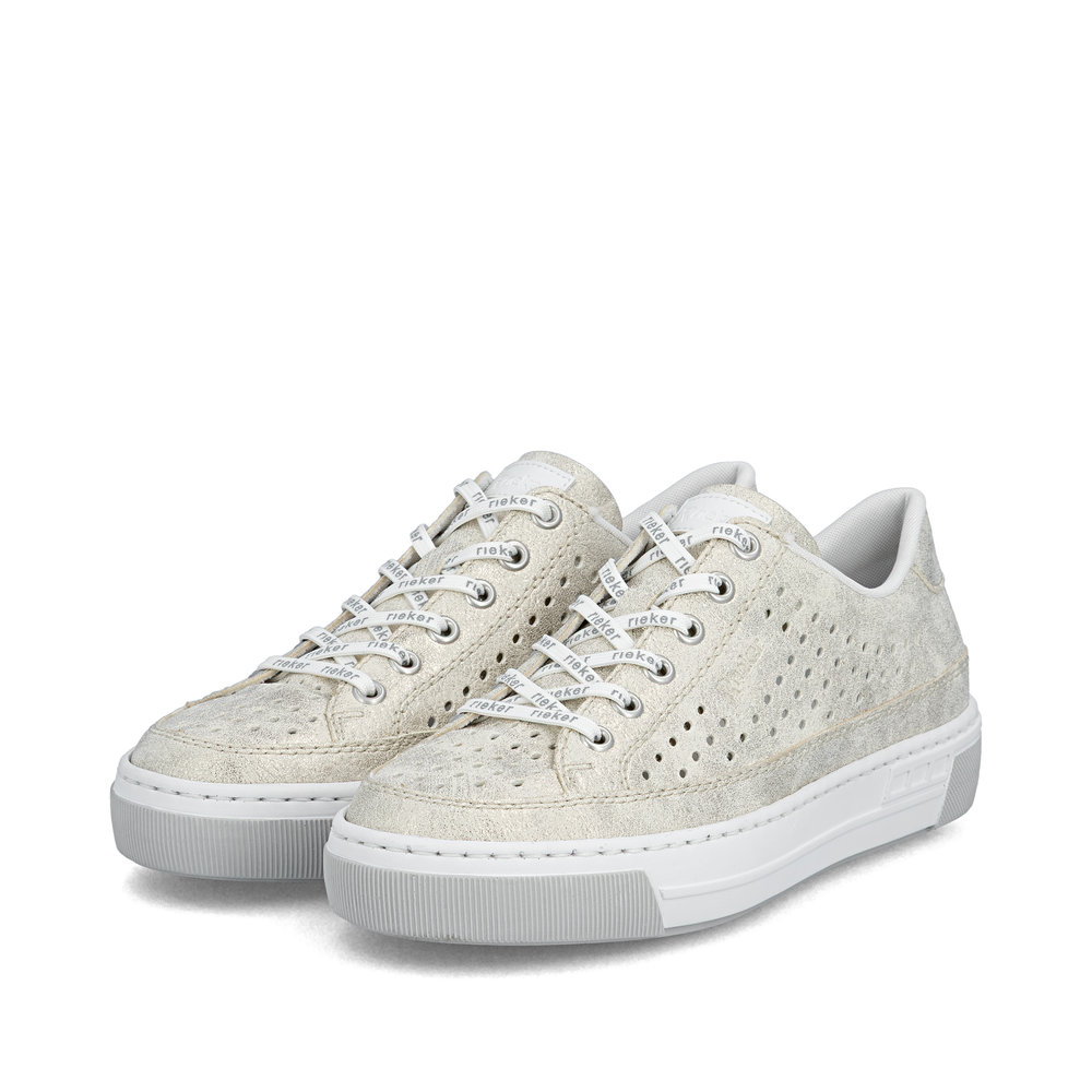 szczegóły RIEKER L8849-60 beżowe damskie letnie skórzane sneakersy, oddychające, nowoczesn