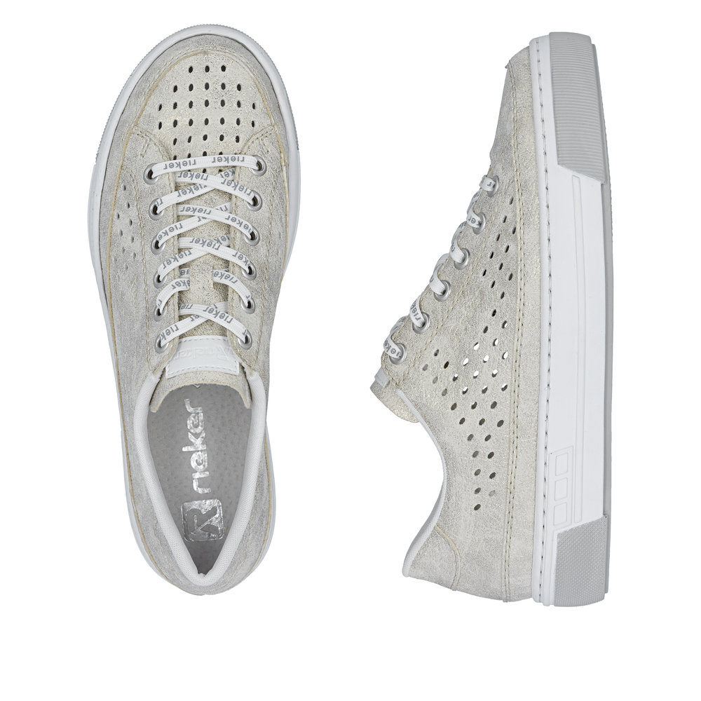 szczegóły RIEKER L8849-60 beżowe damskie letnie skórzane sneakersy, oddychające, nowoczesn