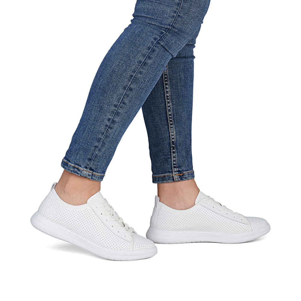 szczegóły RIEKER 45602-80 białe damskie skórzane letnie sneakersy, oddychające, Antistress
