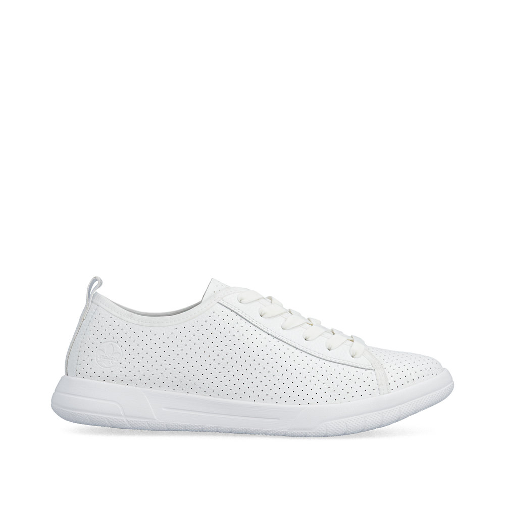 szczegóły RIEKER 45602-80 białe damskie skórzane letnie sneakersy, oddychające, Antistress