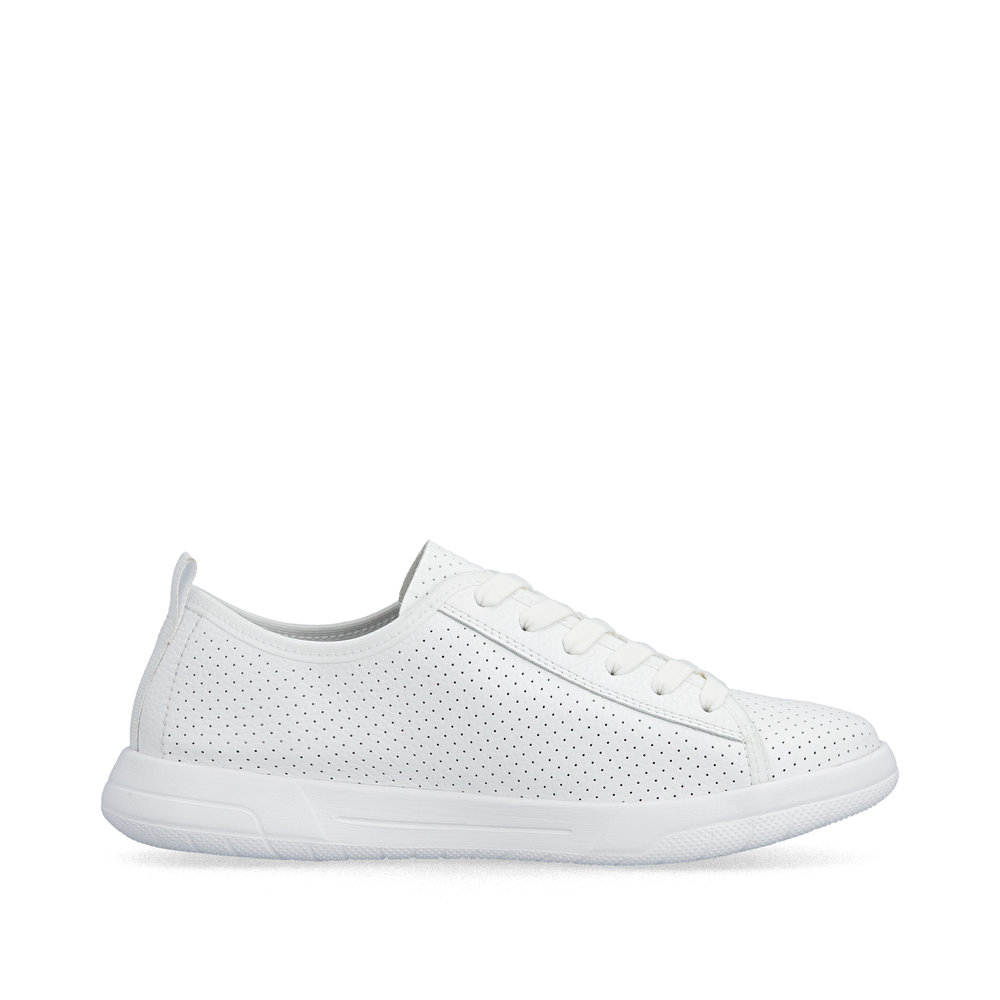 szczegóły RIEKER 45602-80 białe damskie skórzane letnie sneakersy, oddychające, Antistress