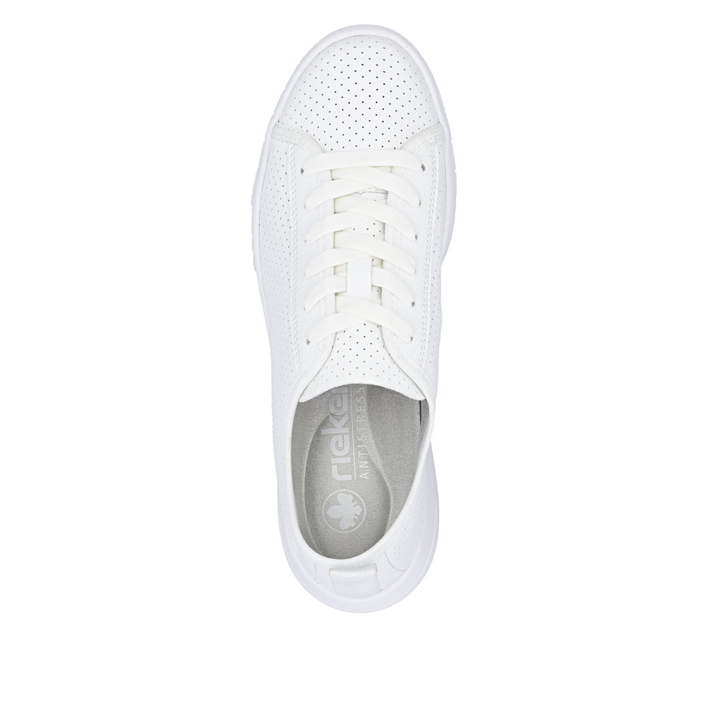 szczegóły RIEKER 45602-80 białe damskie skórzane letnie sneakersy, oddychające, Antistress
