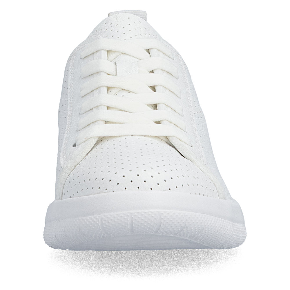 szczegóły RIEKER 45602-80 białe damskie skórzane letnie sneakersy, oddychające, Antistress