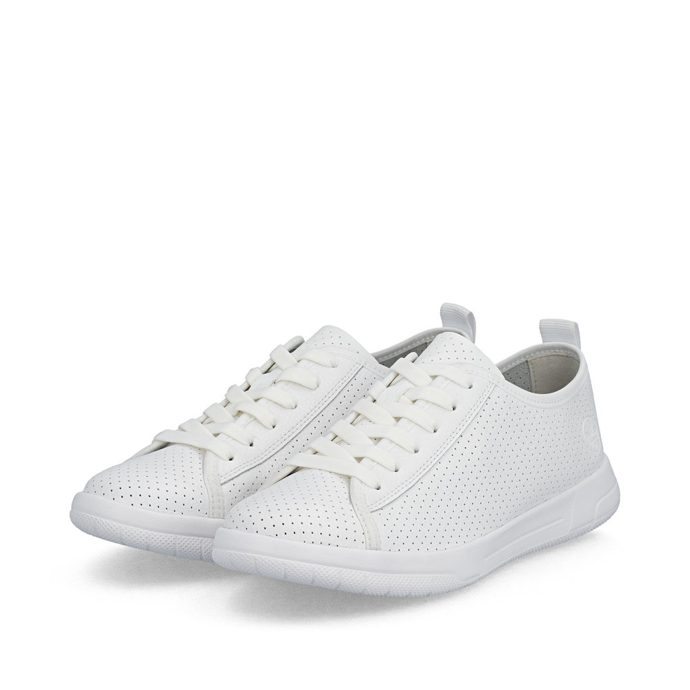 szczegóły RIEKER 45602-80 białe damskie skórzane letnie sneakersy, oddychające, Antistress