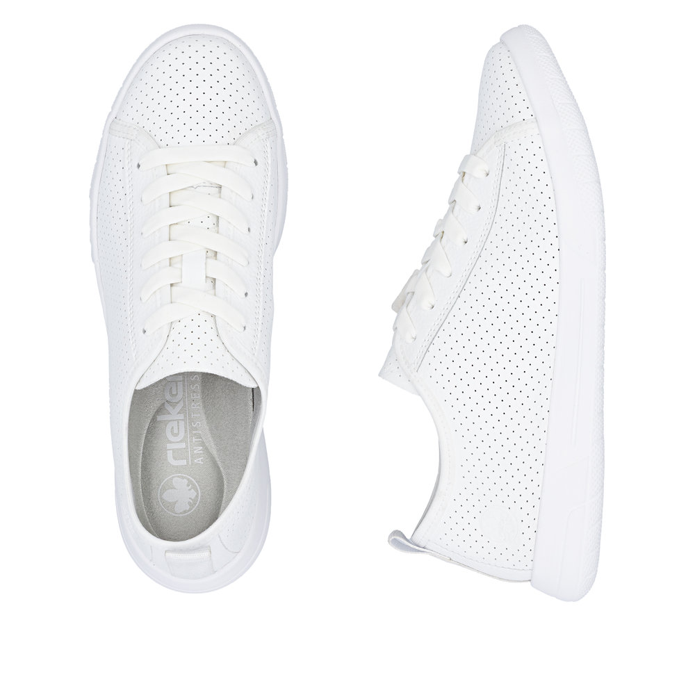 szczegóły RIEKER 45602-80 białe damskie skórzane letnie sneakersy, oddychające, Antistress