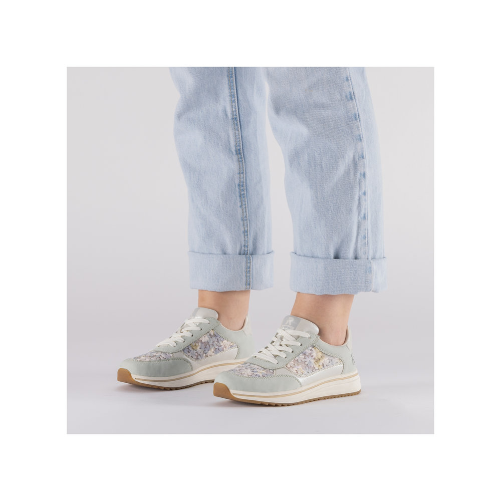 szczegóły RIEKER L5812-91 niebieskie damskie skórzane sneakersy z pięknym wzorem, Antistre
