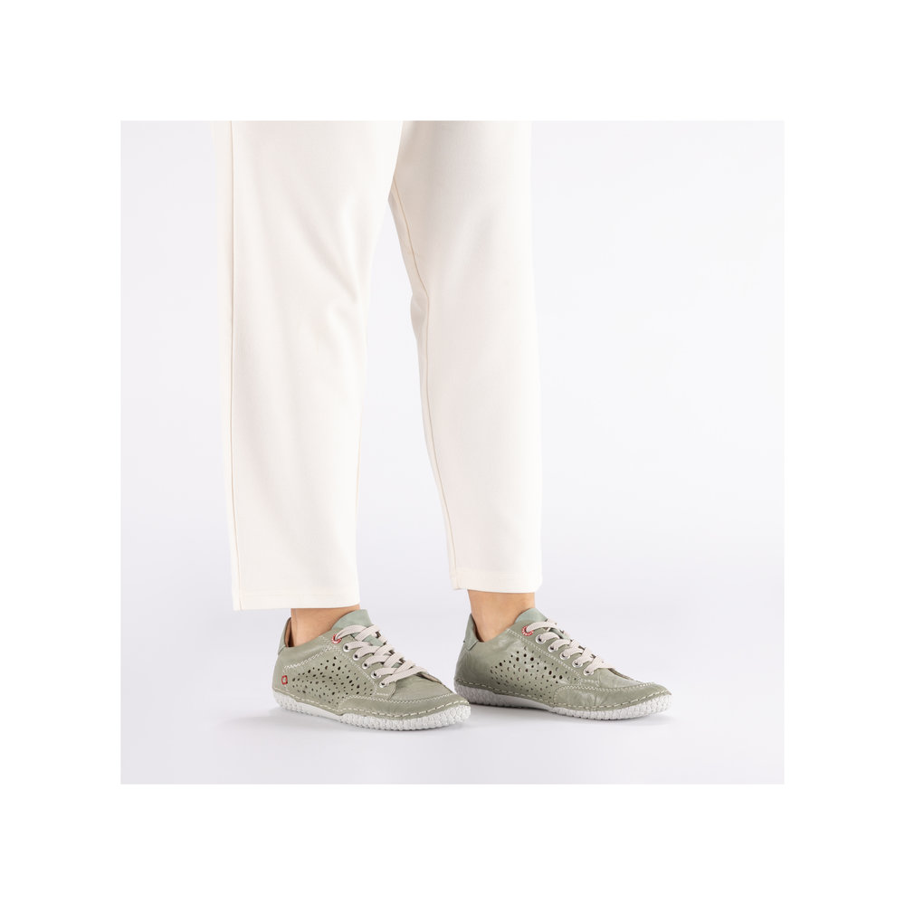 szczegóły RIEKER 43651-52 zielone damskie letnie skórzane przewiewne sneakersy, Antistress