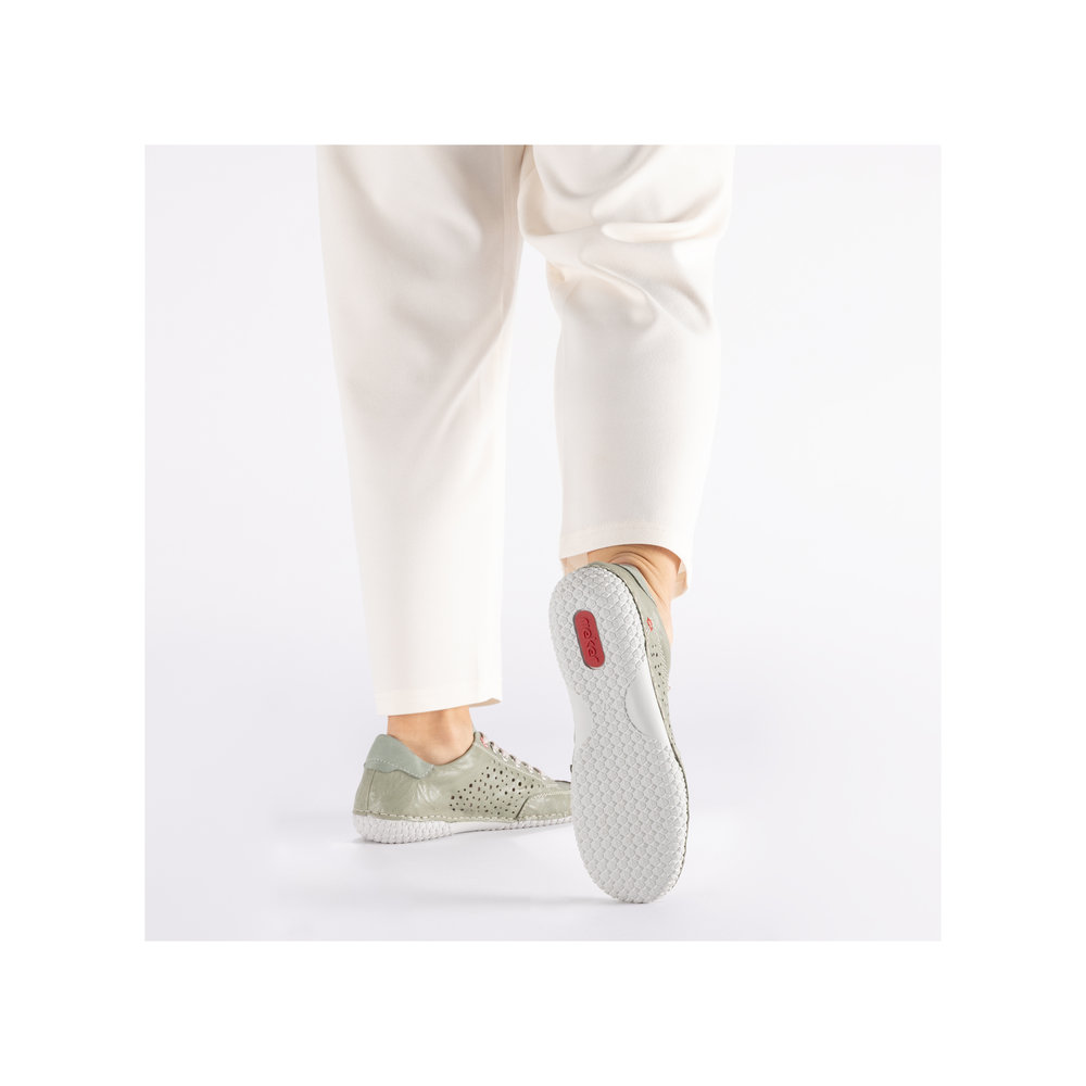 szczegóły RIEKER 43651-52 zielone damskie letnie skórzane przewiewne sneakersy, Antistress