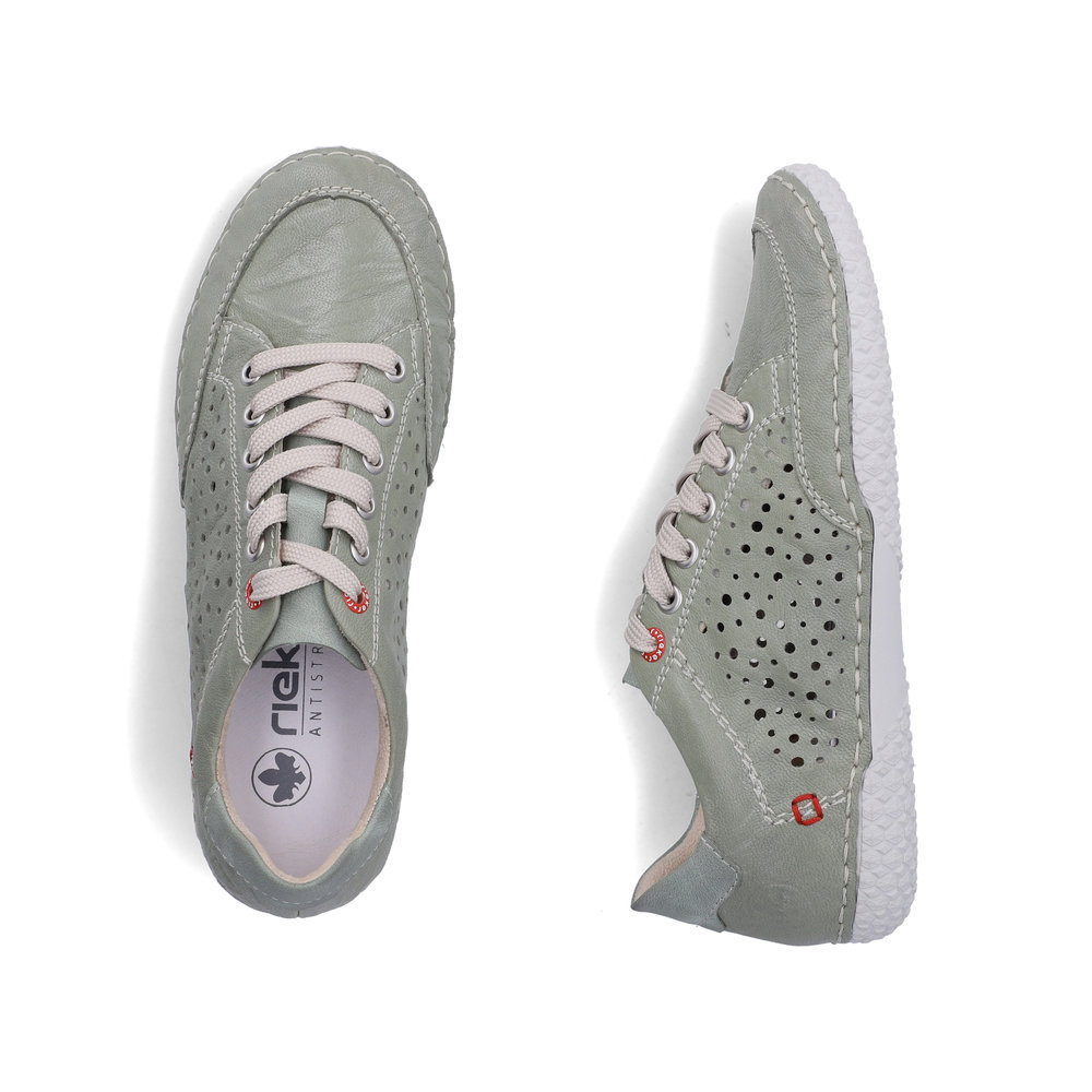 szczegóły RIEKER 43651-52 zielone damskie letnie skórzane przewiewne sneakersy, Antistress