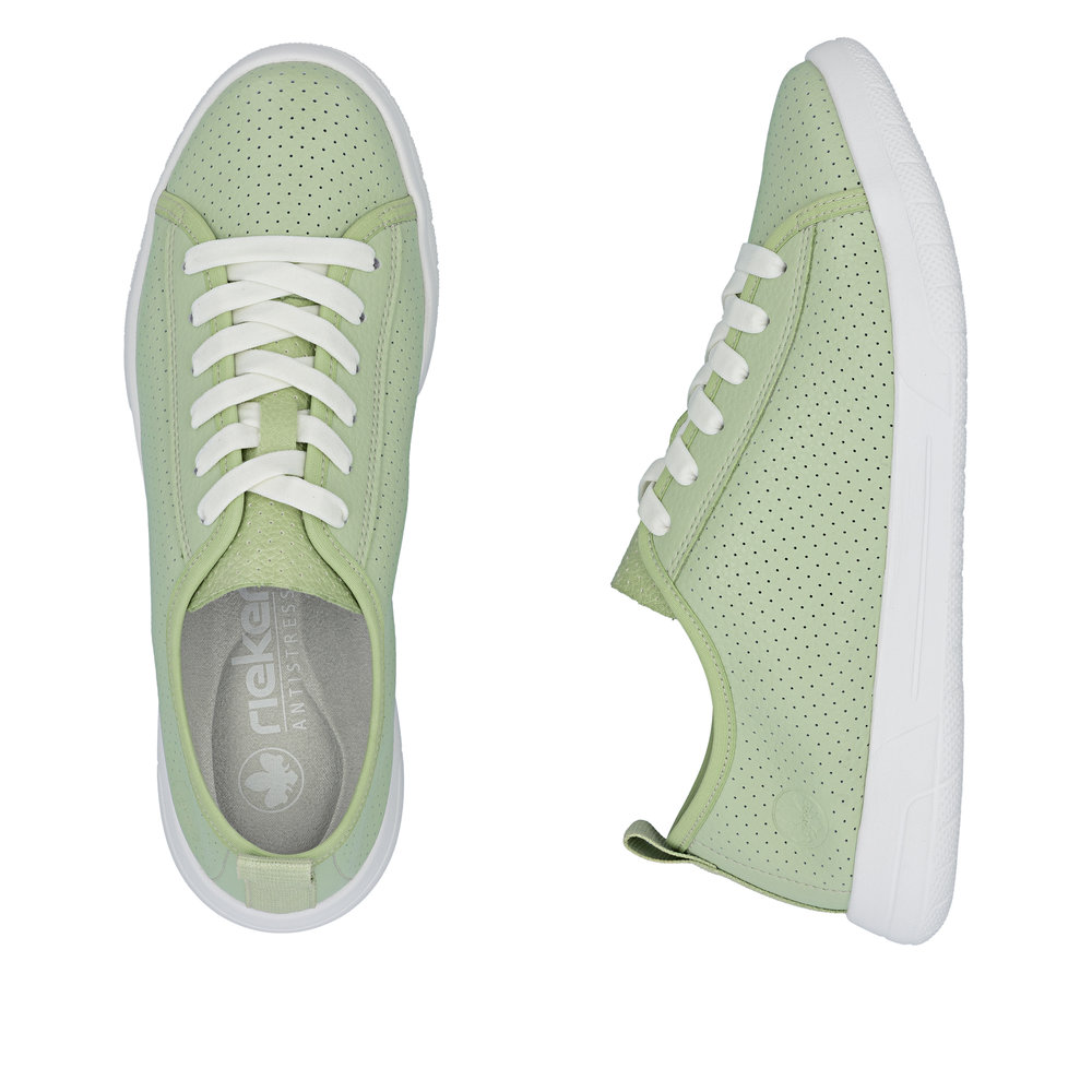szczegóły RIEKER 45602-52 zielone damskie skórzane letnie sneakersy, oddychające, Antistre