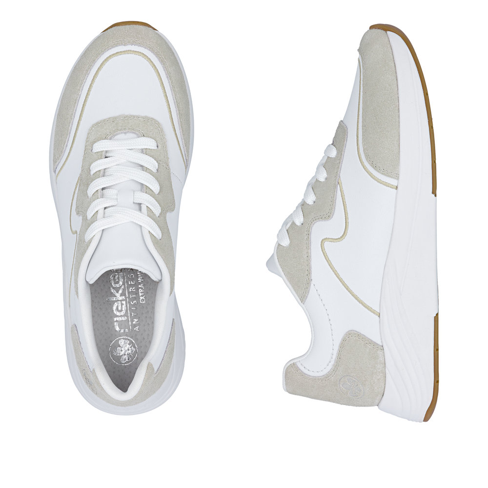 szczegóły RIEKER N8503-81 białe damskie nowoczesne skórzane sneakersy, podeszwa Antistress