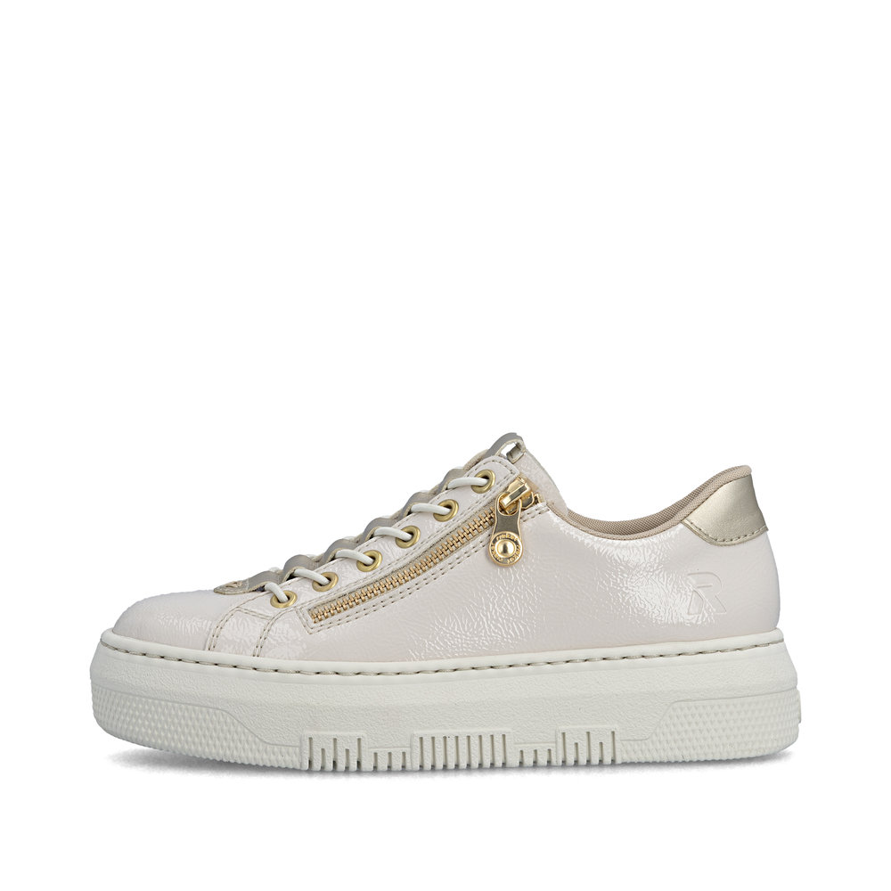 szczegóły RIEKER M1953-80 beżowe damskie sneakersy Antistress, nowoczesny wygląd do miasta