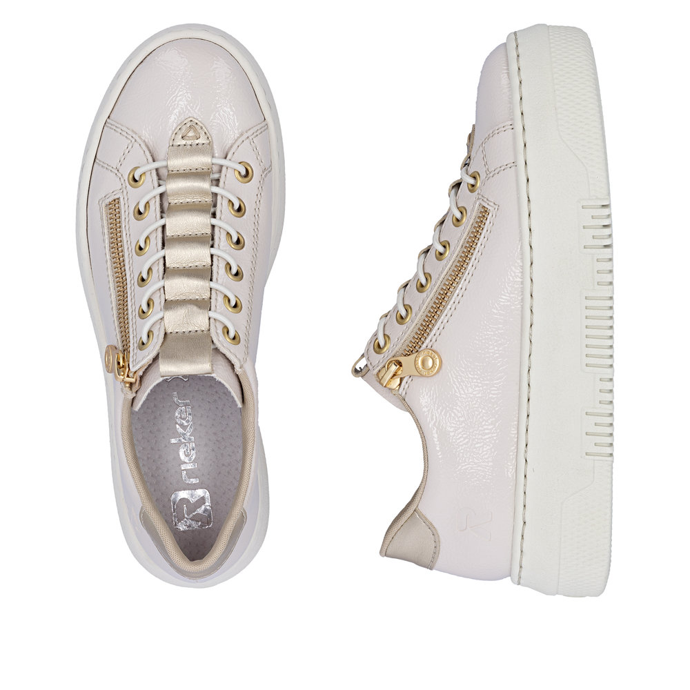 szczegóły RIEKER M1953-80 beżowe damskie sneakersy Antistress, nowoczesny wygląd do miasta