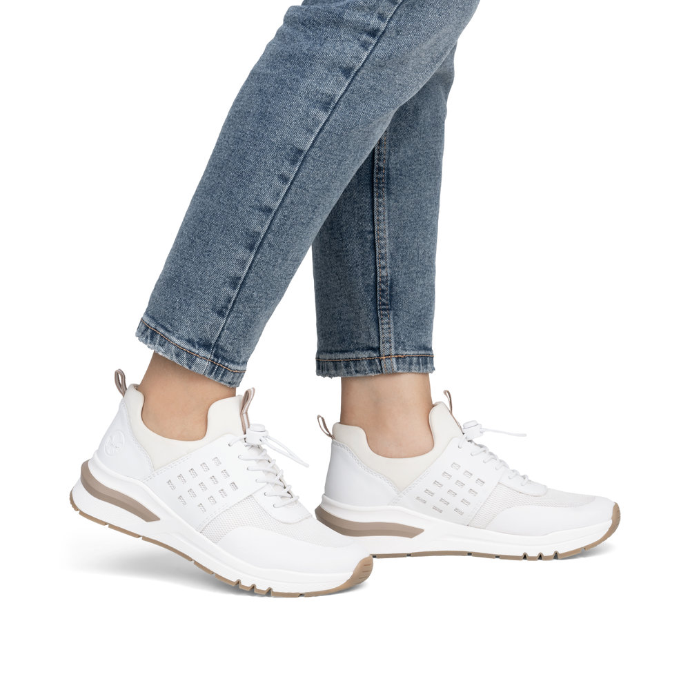 szczegóły RIEKER M6651-80 białe damskie nowoczesne sneakersy, podeszwa Antistress