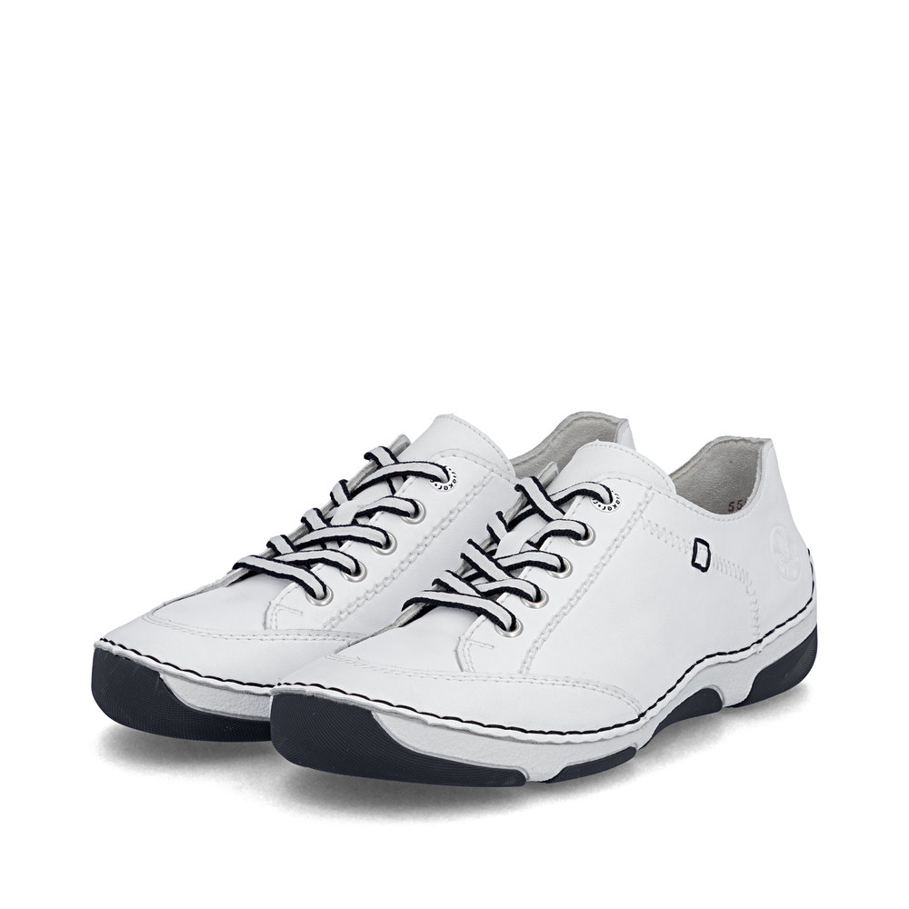 szczegóły RIEKER 55901-80 białe damskie skórzane sneakersy, nowoczesny design, podeszwa An
