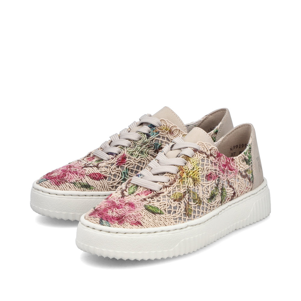 szczegóły RIEKER N9919-91 damskie beżowe modne sneakersy ze wzorem, oddychający materiał