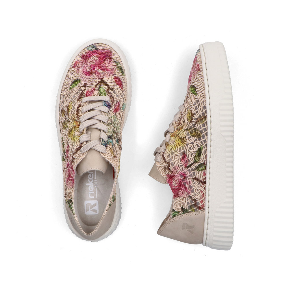 szczegóły RIEKER N9919-91 damskie beżowe modne sneakersy ze wzorem, oddychający materiał