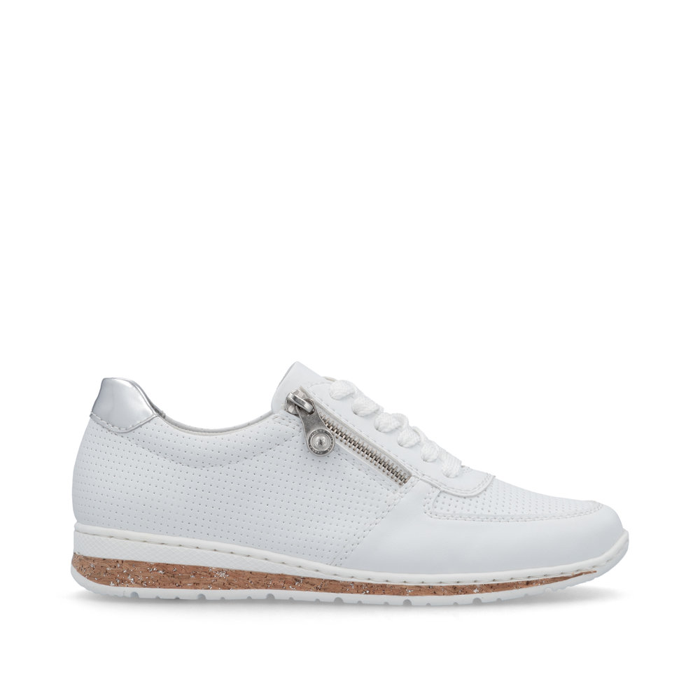 szczegóły RIEKER N5127-80 białe damskie nowoczesne skórzane sneakersy, podeszwa Antistress