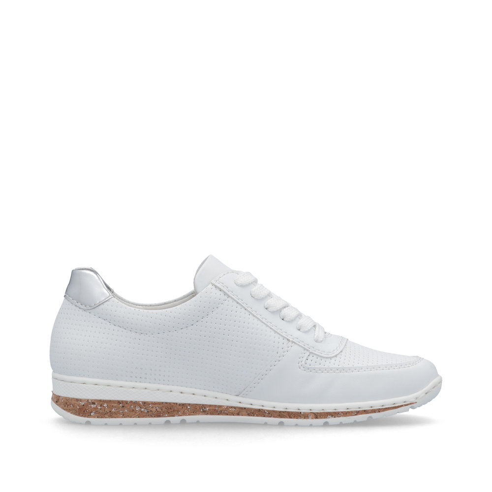 szczegóły RIEKER N5127-80 białe damskie nowoczesne skórzane sneakersy, podeszwa Antistress