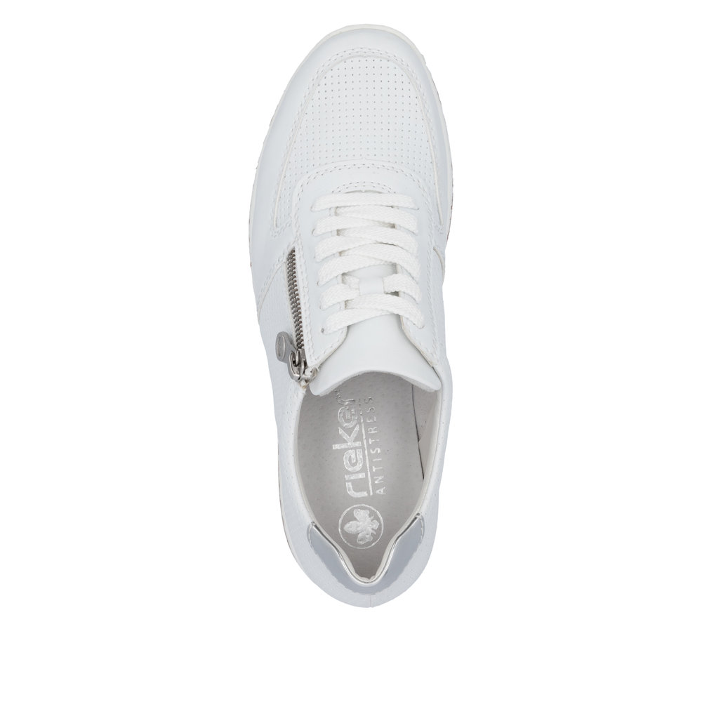 szczegóły RIEKER N5127-80 białe damskie nowoczesne skórzane sneakersy, podeszwa Antistress