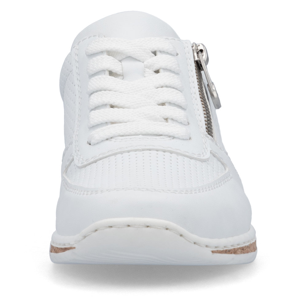 szczegóły RIEKER N5127-80 białe damskie nowoczesne skórzane sneakersy, podeszwa Antistress