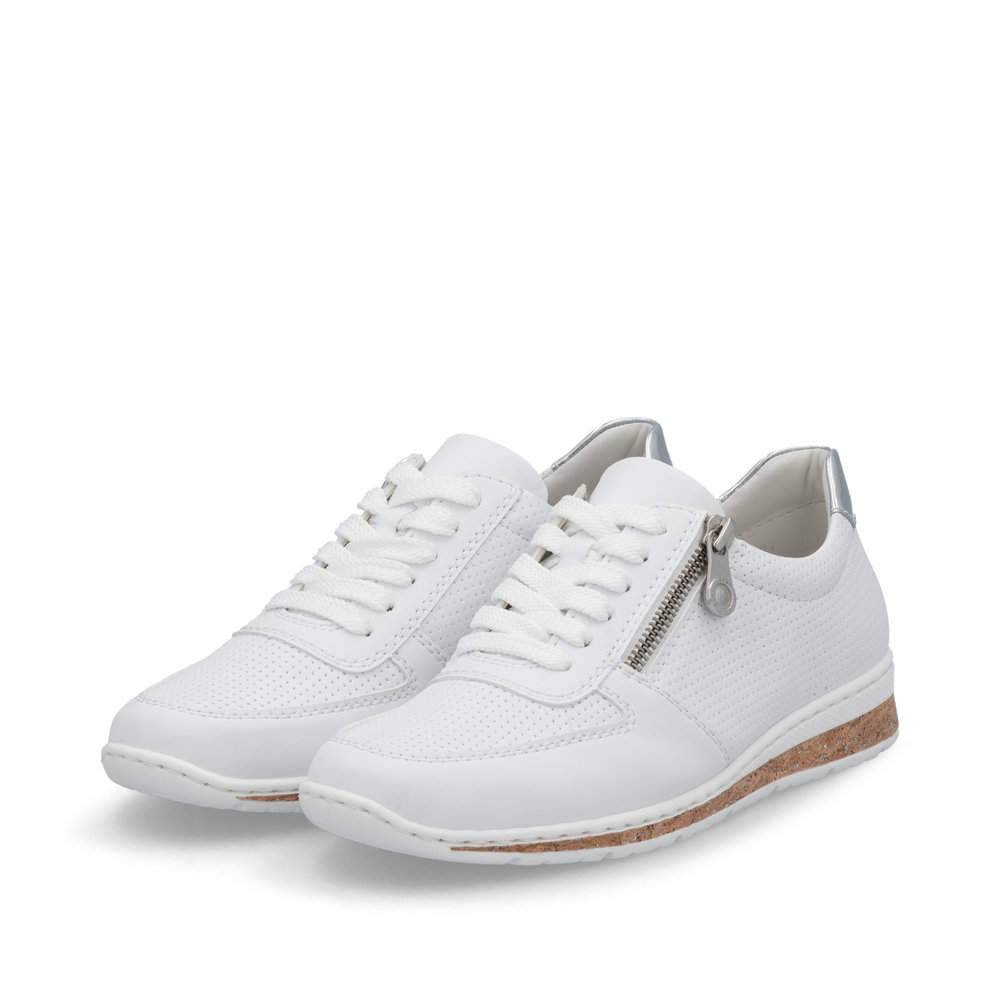 szczegóły RIEKER N5127-80 białe damskie nowoczesne skórzane sneakersy, podeszwa Antistress
