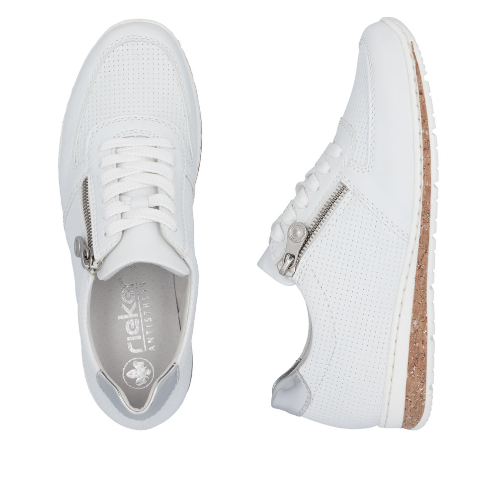szczegóły RIEKER N5127-80 białe damskie nowoczesne skórzane sneakersy, podeszwa Antistress