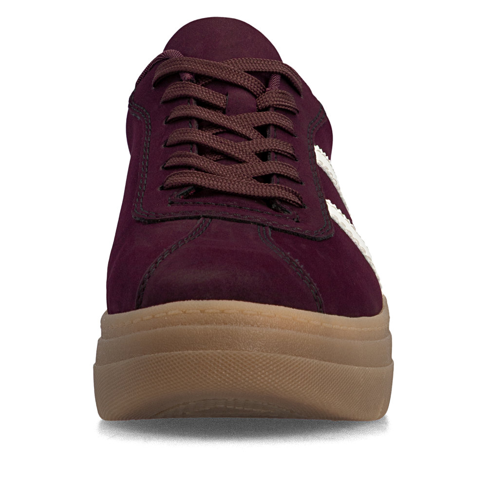 szczegóły RIEKER M7601-30 bordowe damskie sneakersy na platformie 3 cm, nowoczesne i wygod